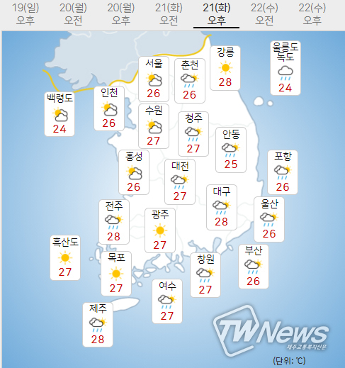 21일 화요일 내일의날씨 (기상청제공)
