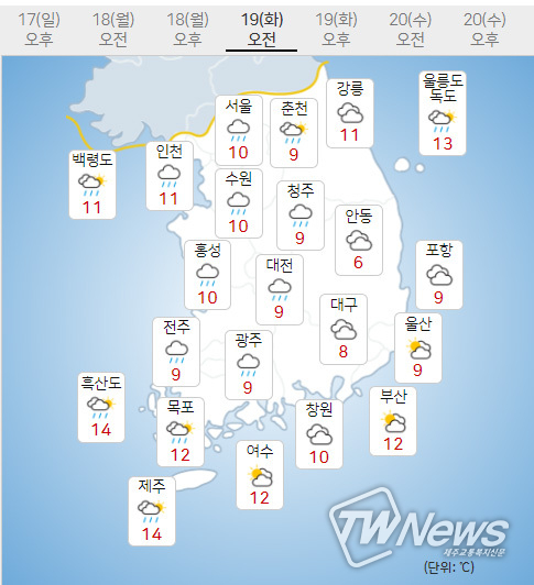19일 화요일 내일의날씨 (기상청 제공)