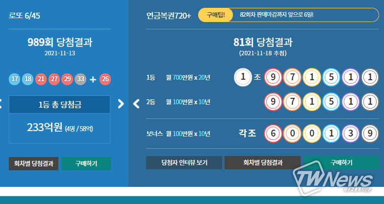 로또당첨번화확인, 연금복권720당첨확인 (동행복권)