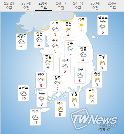 23일 화요일 오늘의날씨 (기상청 제공)
