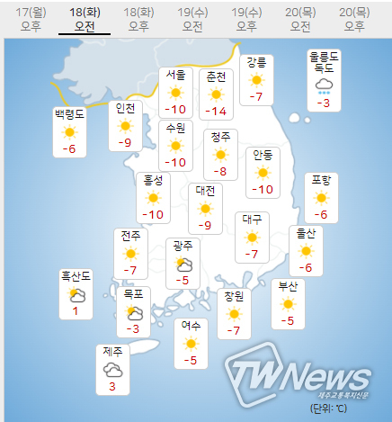 18일 화요일 오늘의날씨 (기상청 제공)