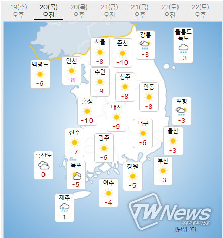 20일 목요일 오늘의날씨 (기상청 제공)