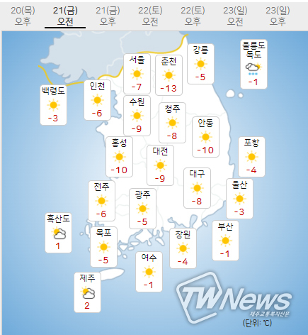 21일 금요일 오늘의날씨 (기상청 제공)