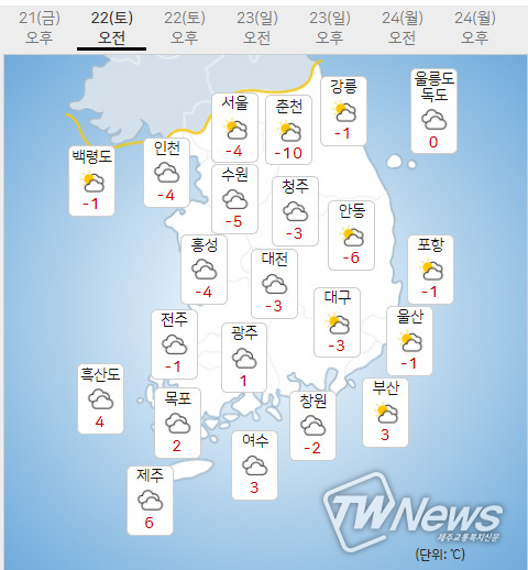 22일 토요일 오늘의날씨, 내일의날씨 (기상청 제공)