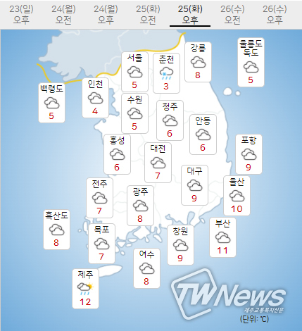 25일 화요일 내일의날씨 (기상청 제공)