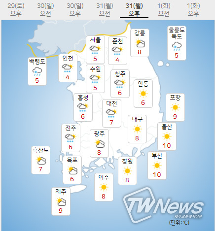 31일 월요일 내일의날씨 (기상청 제공)