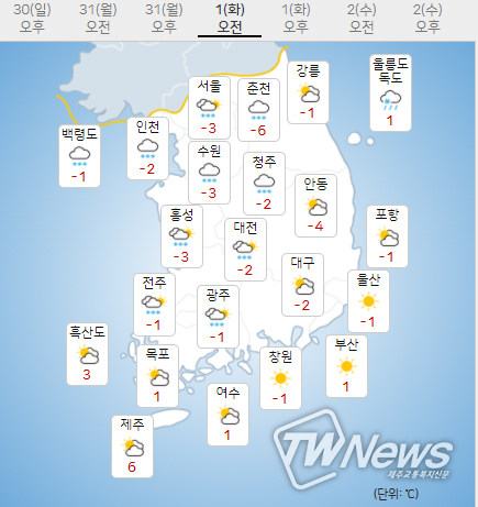 1일 화요일 내일의날씨 (기상청제공)
