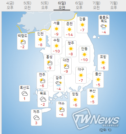 6일 일요일 내일의날씨 (기상청 제공)