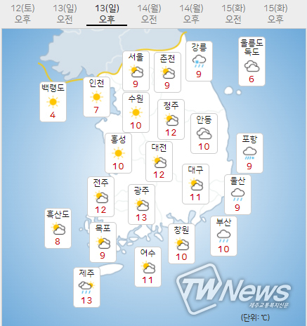 13일 일요일 오늘의날씨 (기상청 제공)
