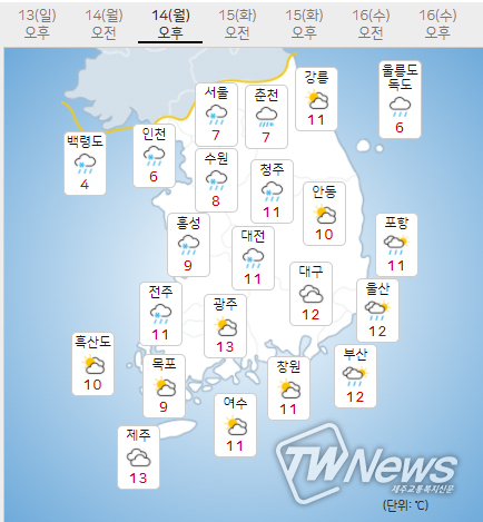 14일 월요일 오늘의날씨 (기상청 제공)