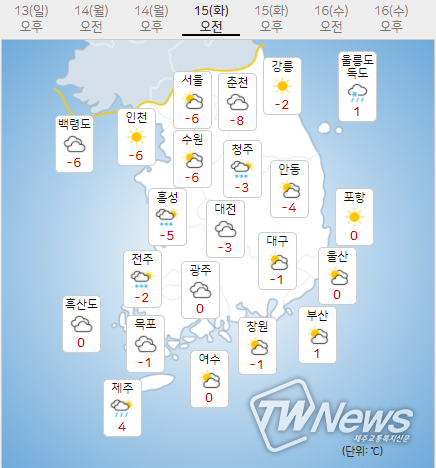15일 화요일 오늘의날씨, 내일의날씨 (기상청 제공)