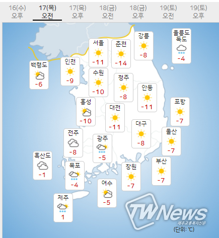 17일 목요일 오늘의날씨 (기상청 제공)