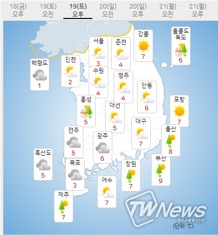19일 토요일 오늘의날씨 (기상청 제공)