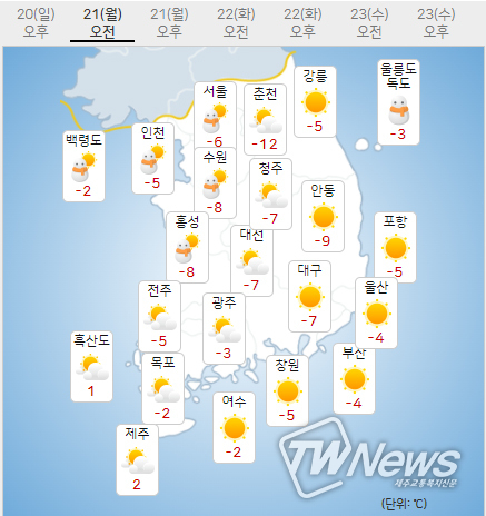 21일 월요일 오늘의날씨 (기상청 제공)