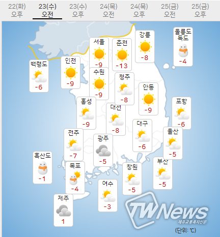 23일 수요일 오늘의날씨 (기상청 제공)