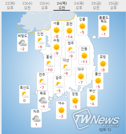 24일 목요일 내일의날씨 (기상청 제공)