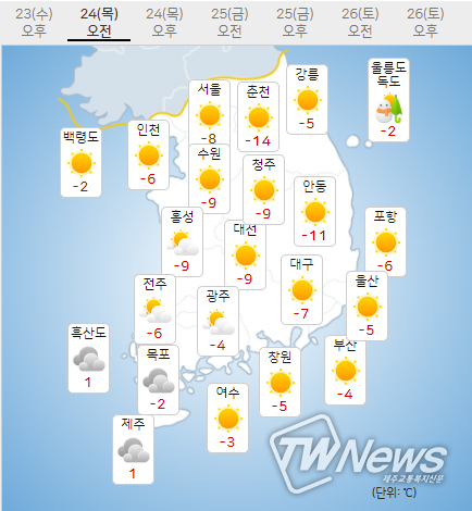 24일 목요일 오늘의날씨 (기상청 제공)