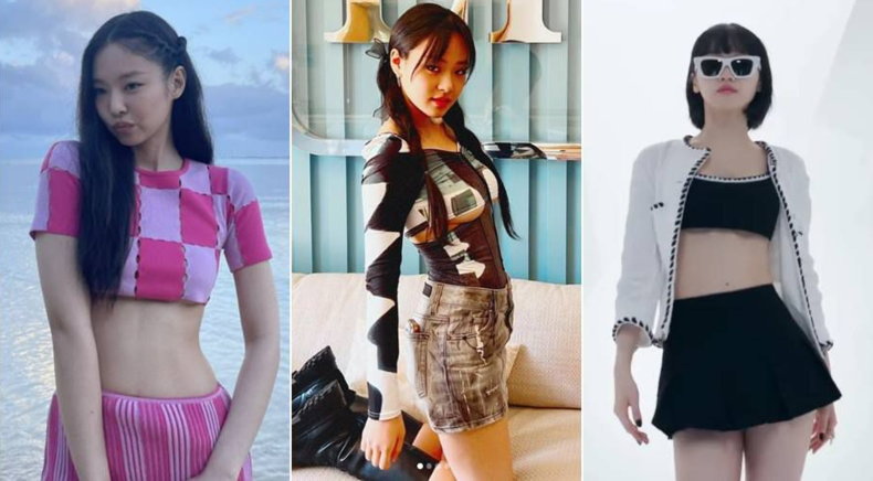 그룹 블랙핑크 제니, 가수 비비, 그룹 르세라핌 김채원의 언더붑 패션. (사진=인스타그램, 하이브)