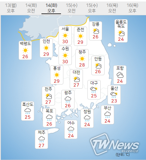 14일 화요일 오늘의날씨 (기상청 제공)