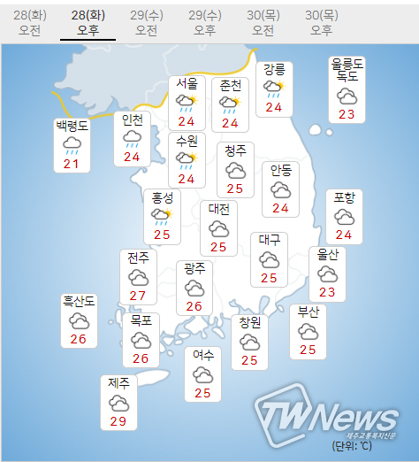 28일 화요일 오늘의날씨 (기상청 제공)