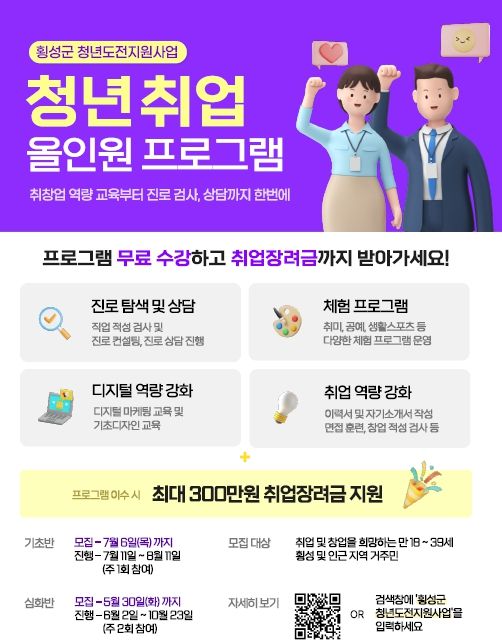 횡성군, 청년도전·도전+ 지원사업 참여자 모집