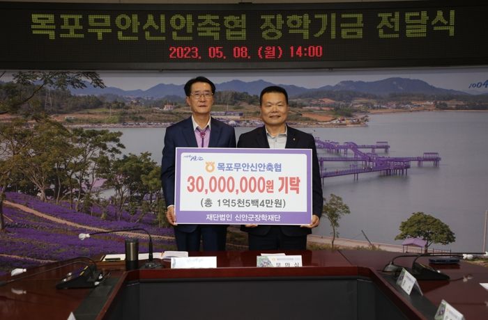 신안군장학재단 박우량 이사장(좌)과 목포무안신안축협 문만식(우)조합장 장학금 기탁식 기념촬영을 하고 있다.