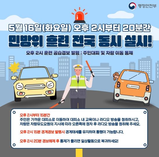 제414차 민방위 대비훈련이 오는 16일 오후 2시부터 20분간 전국적으로 실시된다.