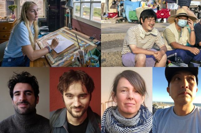 (좌측 상단부터 시계 방향으로 '블루백'의 주연 배우 일사 포그, '더 피쉬 테일'의 오키타 슈이치 감독, '라멘피버'의 고바야시 마사토 감독, '부유하는 나무들: 나무의 역사, 숲의 역사'의 피아 뢰늬케 감독, '핵 유랑민들' 공동 연출 킬리안 아르만도 프리드리히 감독, 티지안 스트롬프 자르가리 감독)