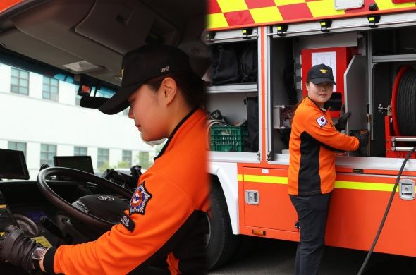 대형 소방차 운용하는 여성 소방대원에 ‘눈길’