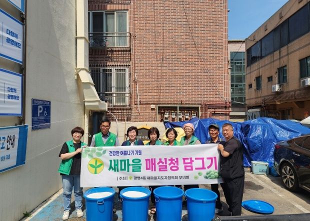 광명시 광명4동 새마을지도자협의회·부녀회는 19일 동 행정복지센터 주차장에서 ‘2023년 매실청 담그기’ 행사를 열었다