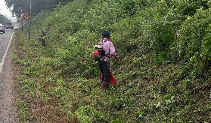 주요 도로변 쓰레기 수거 및 풀베기 작업을 하고 있는 모습