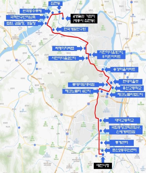 광역버스 1001번 노선 및 정류장