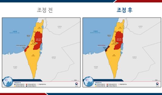 여행경보 단계 조정 전후 지도(가자지구).